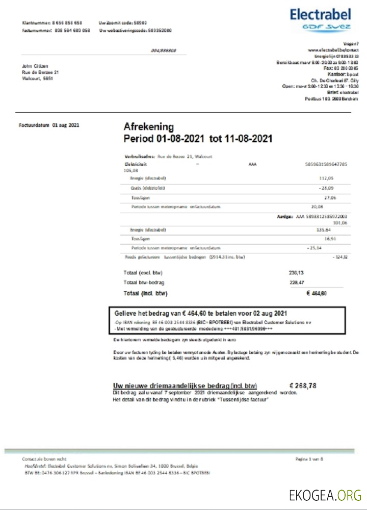 Belgium Electrabel electricity utility bill template, fully editable in Word and PDF format